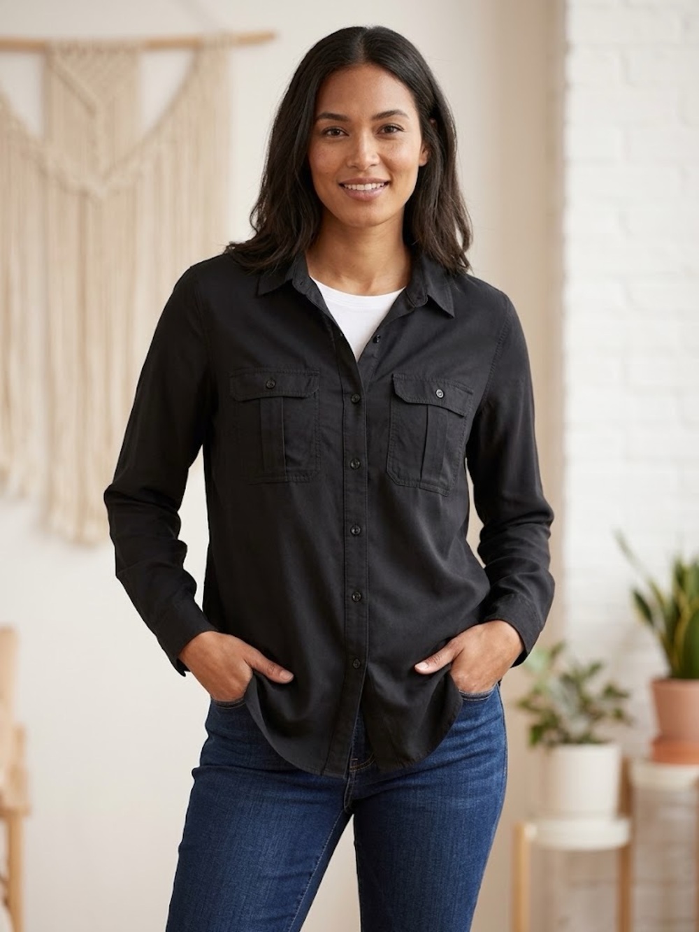 American Tall 100% Tencel Utility Button down Shirt Women’s Medium tall